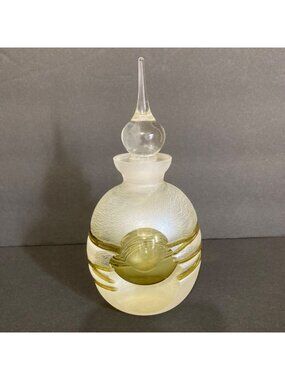 Vintage Frosted Art Glass Perfume Bottle With Yellow Gold Swirl Design